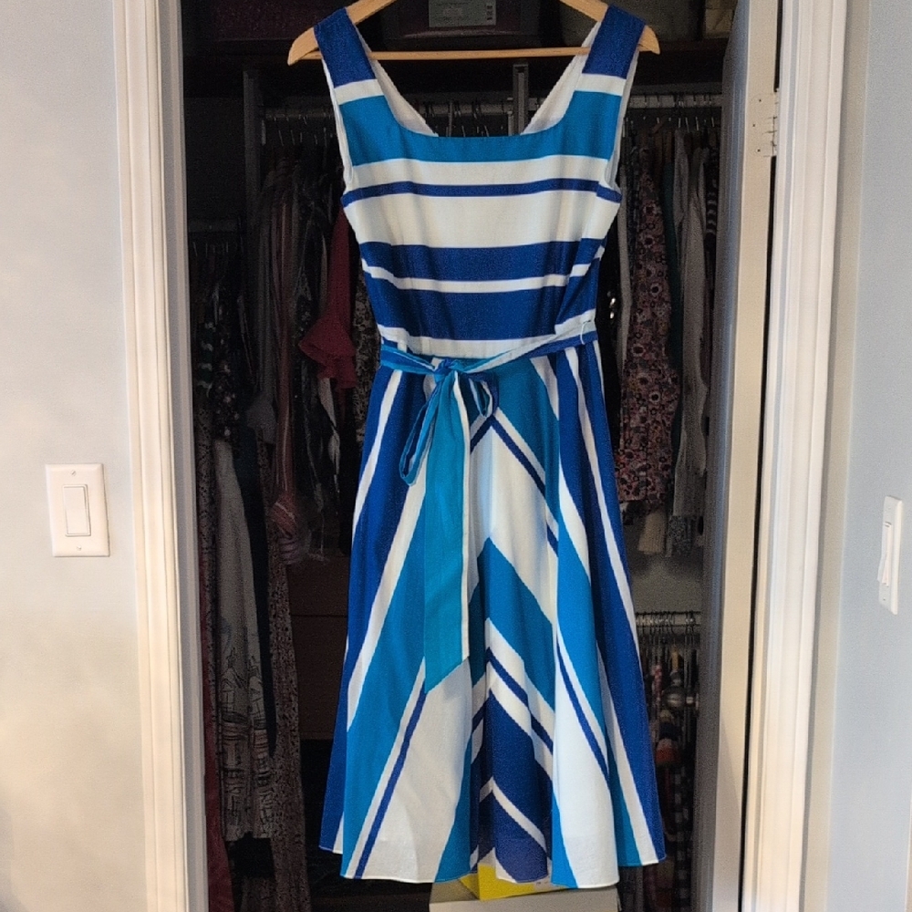Blue and White Fit and Flare Midi Dress for Wedding Guest